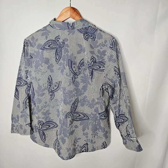 Alfred Dunner Button-Down Blue Sequin Striped Butterfly Poplin Shirt Size 10 - Picture 2 of 7